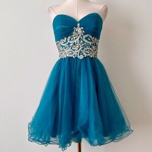 Y2K Fairy Core Teal Mini Dress XS Beaded 2000s Homecoming Party Tulle